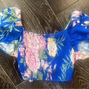 Floral Blue Women's crop Top with open/tie back